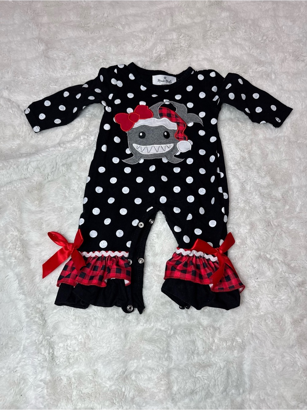 Polka Dot Shark Applique One-Piece with Red Plaid Ruffle - Kids